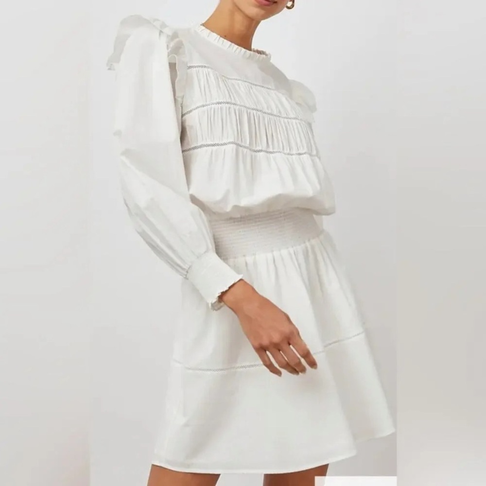White Smocked Waist Long-Sleeve Dress
